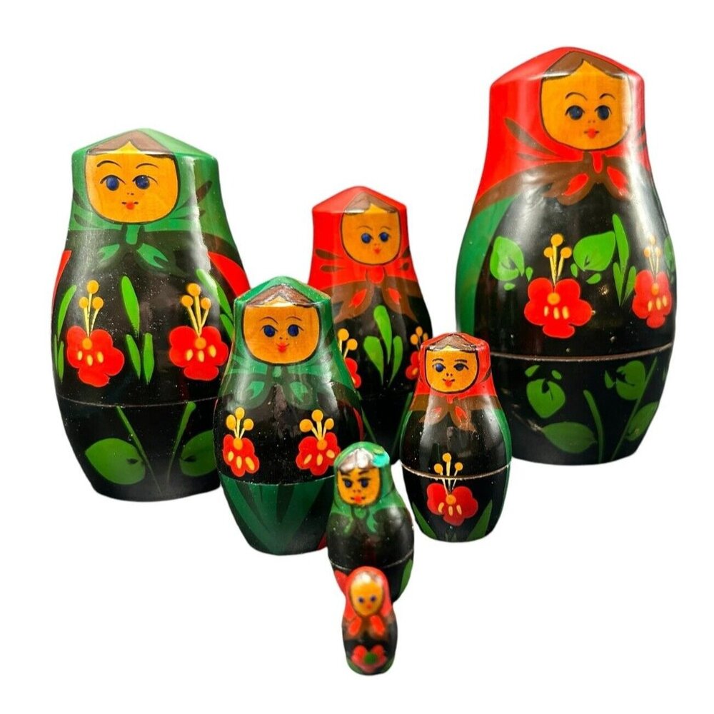 Vintage Set USSR Russian Matryoshka 7 Pc Nesting Dolls Stamped EUC